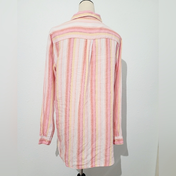 GAP Women’s Popover 100% Linen  Tunic Blouse Pink Multi Stripe Long Sleeve Large - Picture 4 of 11